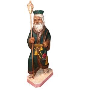 Hand Carved Wood St Nicholas Santa Claus w Basket & of Toys & Lantern Vintage